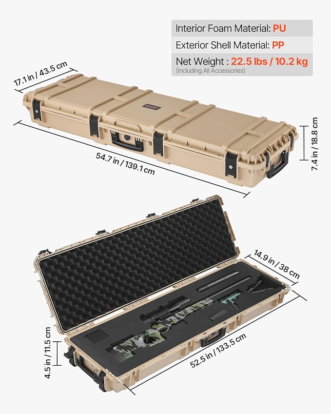 VEVOR Rifle Case, Rifle Hard Case with 4 Layers Fully-protective Foams, Lockable Hard Gun Case with Wheels, IP67 Waterproof & Crushproof, for Rifles or Shotguns