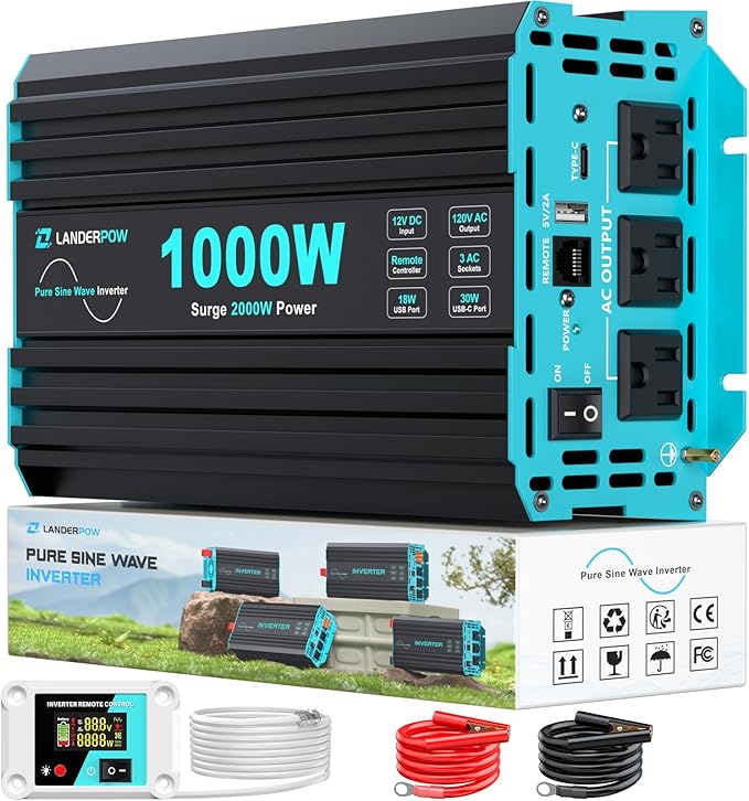 1000 Watt Pure Sine Wave Inverter, Power Inverter for Car, Camping, Solar, RV, Truck, Home, 12V DC to 120V AC Inverters with 3 AC Outlet, 30W USB-C, 5V 3.1A USB, Remote Control, Surge 2000W