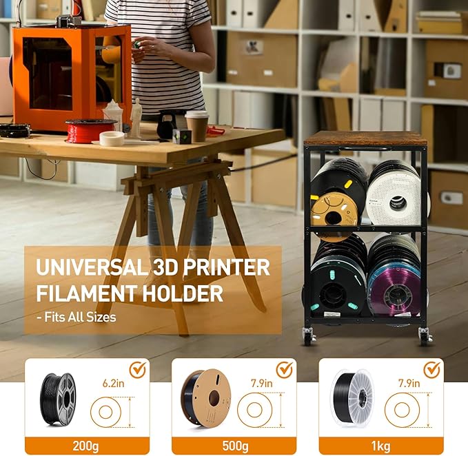 3D Printer Table with Filament Storage-Small 3D Printer Stand for consumables Storage – Space-Saving Cart for 3D Printing Workshop, Studio, Office.Brown.