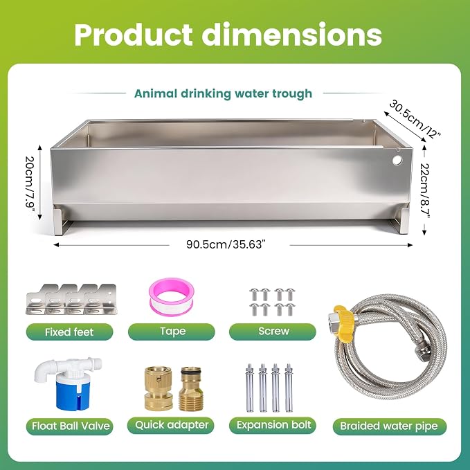 12Gal Automatic Livestock Water Trough, Stainless Steel Auto Dog Water Bowl Dispenser with Float Valve Kit, Self Filling Livestock Waterer Outdoor Extra Large Bowl for Dog Horse Goat Cow
