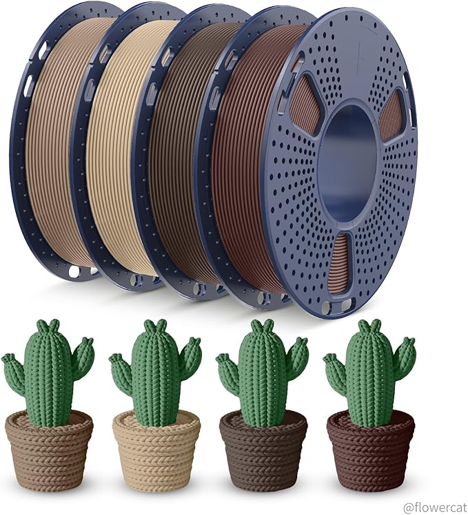 TECBEARS Wood PLA Filament Bundle for Most 3D Printers | Natural Matte Texture PLA, 250g Spool, 4 Rolls, 1kg Total, Individually Vacuum Packed, Walnut+Logs+Cherry+Maple
