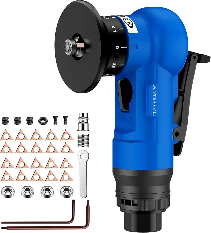 AMTOVL Pneumatic Chamfering Tool - Mini Air Chamfer Tool with 10 C-Angle & 10 R-Angle Blades, 45° 30000 RPM Chamfering Tool for Metal and Wood with 1/4" Air Inlet