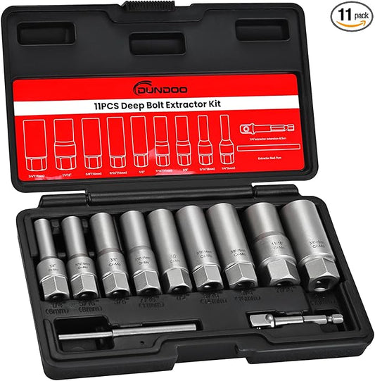 11pcs Bolt Extractor Kit, Stripped Bolt Extractor Set, Deep Long Easy Out Set, Lug Nut Remover Socket Tool for Studs, Damaged, Frozen, Rusted, Rounded-Off Bolts, Nuts