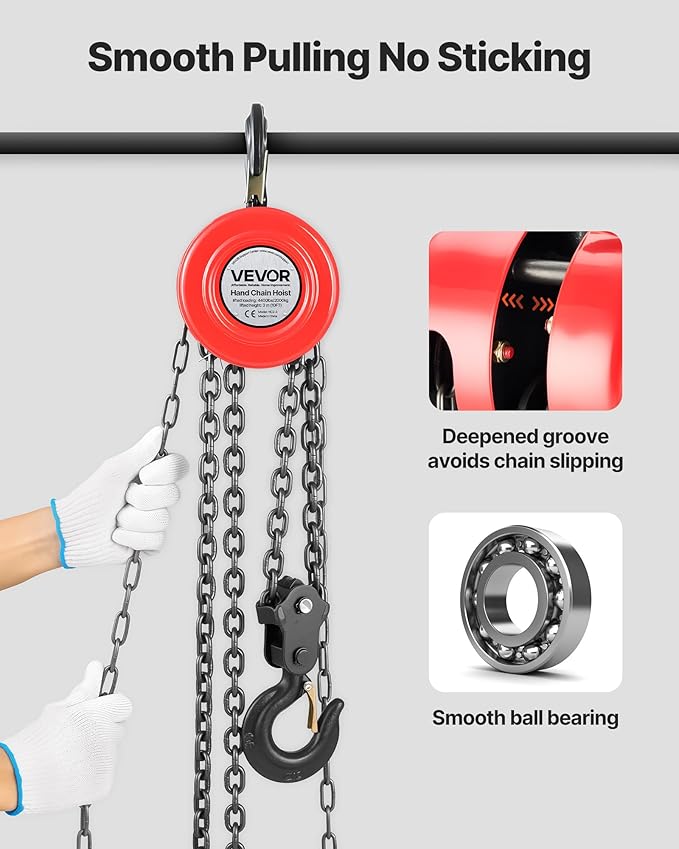 VEVOR Hand Chain Hoist, 2 Ton 4400 lbs Capacity, Manual Chain Block with Upgrade G70 Galvanized Chain, 10 ft Lifting Height, Heavy Duty Pulley Hoist for Garage Warehouse Automotive Machinery, Red