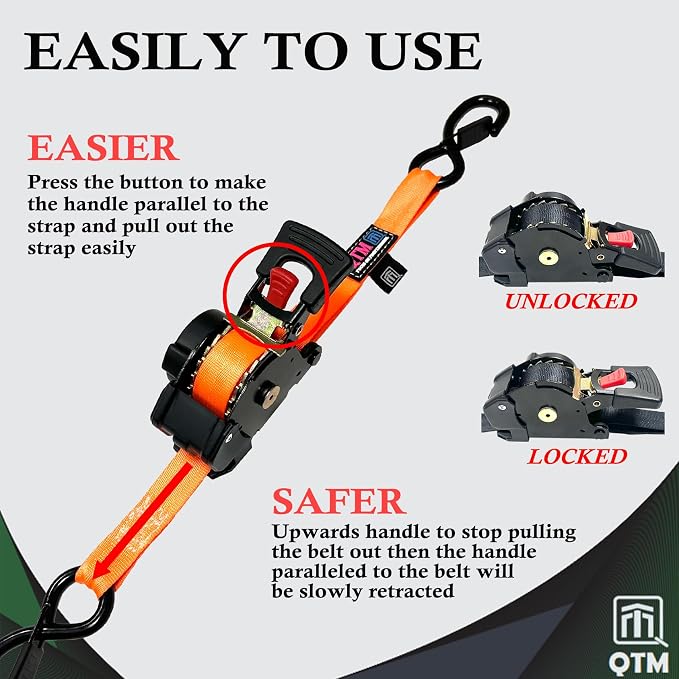 QTM 2-Pack Orange Retractable Ratchet Straps Stainless Steel Spring, 1" x15' with Soft Loops, Heavy Duty, 2,000lbs Breaking Strength, with Storage Bag