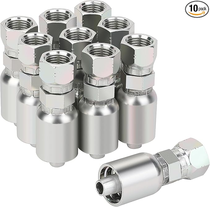 3/8’’ Hose x 3/8’’ JIC 37 Degree Female Swivel Hydraulic Hose Crimp Fittings, 10PCS Set for Single Wire Hydraulic Hose