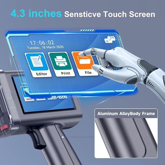 Handheld Inkjet Printers - All Metal Material,Industrial-Grade/Printing Height of 1/2 inch/4.3-inch capacitive Color Screen/Continuous Operation for 12-18hours