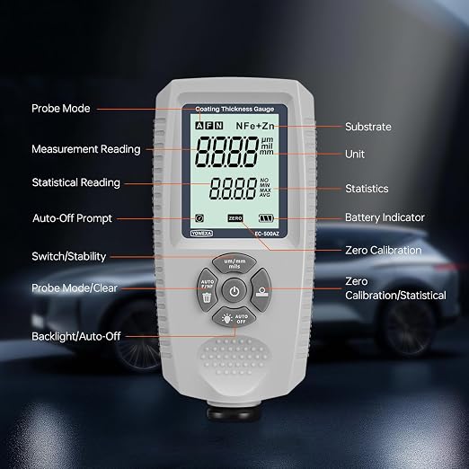 Paint Thickness Gauge for Cars, 0–2000μm Digital Coating Meter for Used Car Inspection, Auto Fe/NFe/Fe+Zn Detection, ±(3%+1μm) Accuracy with AVG/MAX/MIN Statistics