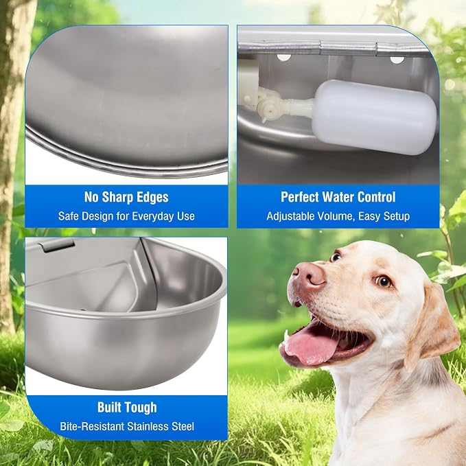 2 Pack 304 Stainless Steel Automatic Livestock Waterer with Float Valve & Drainage Hole – 39 inch Water Hose (one end 3/4“), Animal Drinking Bowl for Dogs, Chickens, Goats, Cows
