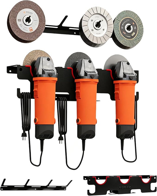 Angle Grinder Holder Wall Mount - Heavy Duty Tool Storage Rack for 5" Grinder, Impact Wrench & Polisher, with Cord Management Hooks & Disc Hooks, Ideal for Workshop & Garage Tool Organization