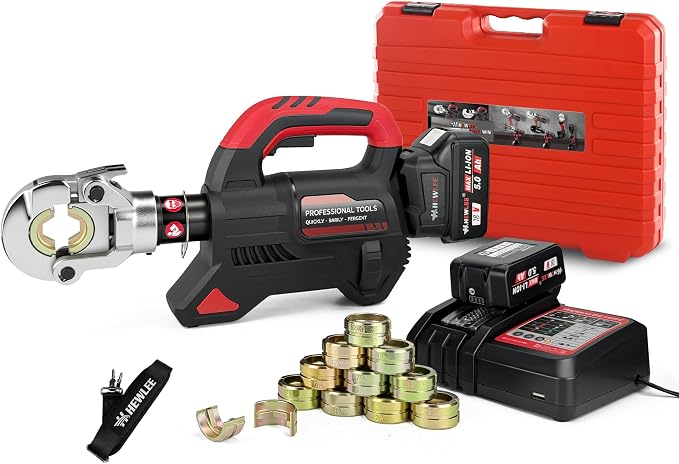 Electric Wire Cable Crimper Battery Powered Hydraulic Crimping Tool Range 8AWG to 600MCM with 12 Dies, Electricians for Circuit Repairs and Stainless Steel Deck Upgrades (HL-300K)