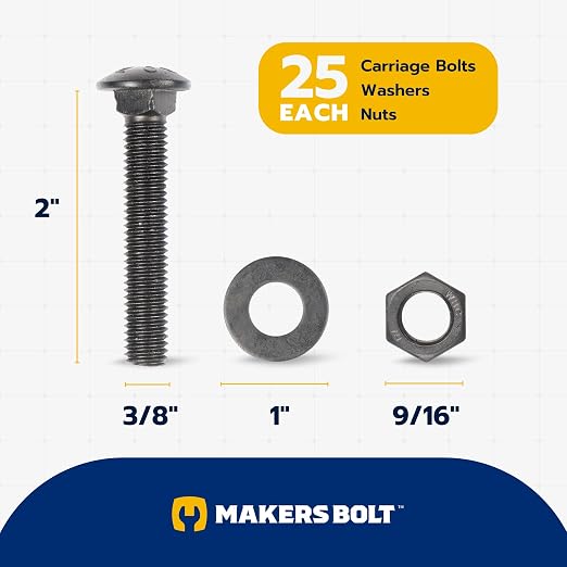 3/8" x 2" (25 Pack) Black Carriage Bolt Kit, Grade 307A, Ceramic Coated for Exterior Use, 2X Rust Resistance of Galvanized by Makers Bolt