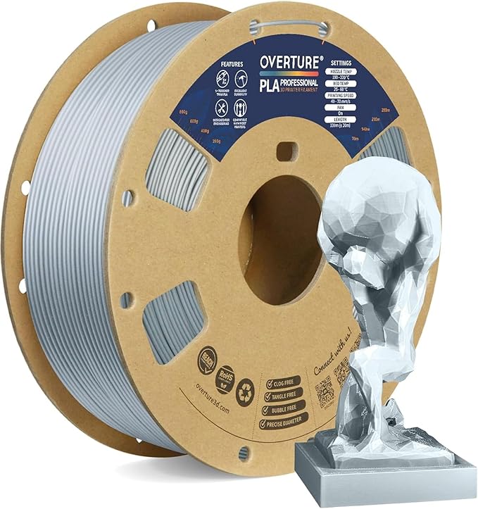 OVERTURE PLA Plus (PLA+) Filament 1.75mm, Stronger & More Durable, Professional Toughness 3D Printer Filament 1kg (2.2lbs), High Precision +/- 0.02mm, Tangle-Free (Silver Metal)
