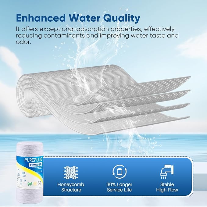 PUREPLUS 1 Micron 10 x 4.5 Whole House String Wound Sediment Filter for Well Water, Replacement Cartridge for 84637, WPX5BB97P, PC10, CW5-BBS, 355215-45, 4Pack