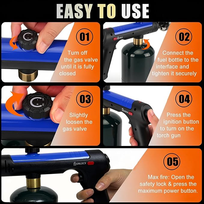Torch Gun with One-Touch Max Fire, Flame Thrower with Safety Lock, Blow Torch Gun for BBQ, Grill, Charcoal Lighter, Cooking Flamethrower for Camping, Outdoors (Tank Not Included)