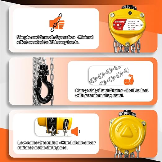 YATOINTO Chain Hoist 1/2 Ton (1100 lbs) Capacity, Small & Mini Chain Hoist with 10 FT Lift, 11'' Low Headroom, Industrial-Grade Steel Chain Fall for Garage & Automotive Use