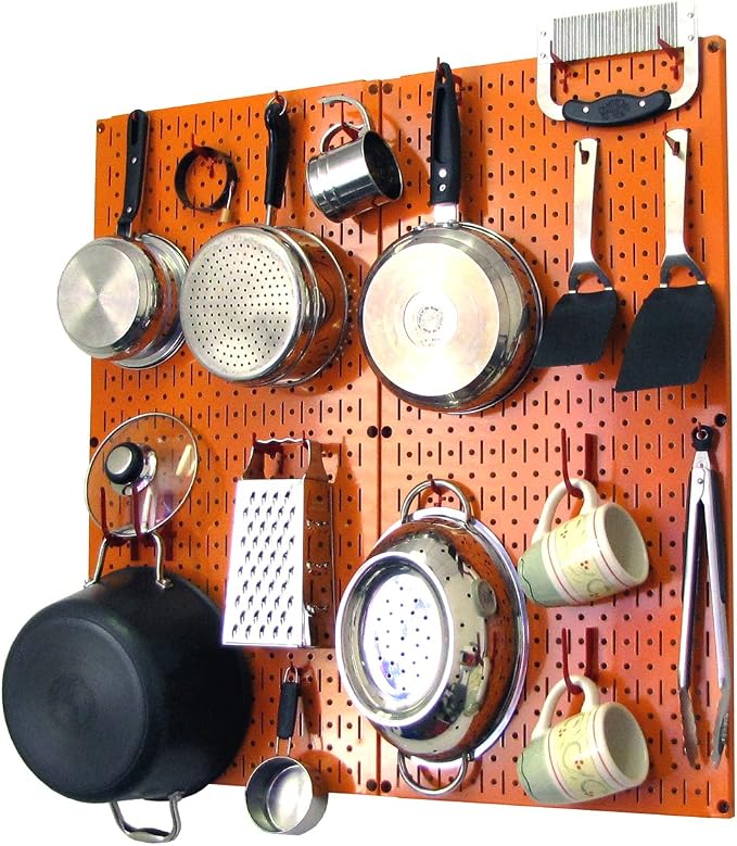 Wall Control Kitchen Pegboard Organizer Pots and Pans Storage Rack Organization Kit with Orange Pegboard and Red Accessories