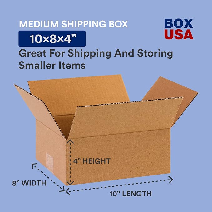 BOX USA Shipping Boxes 10"L x 8"W x 4"H 25-Pack - Flat Corrugated Cardboard Box for Packing, Moving and Storage