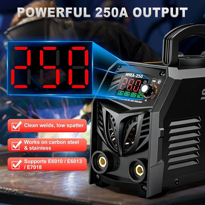 Stick Welder, 250Amp ARC Welding Machine with Large LED Display, Dual Voltage 110V/220V IGBT Inverter Portable Welder w/10 Rods, Ground Clamp, Electrode Clamp, Hot Start, Arc Force, Anti-Stick(Black)