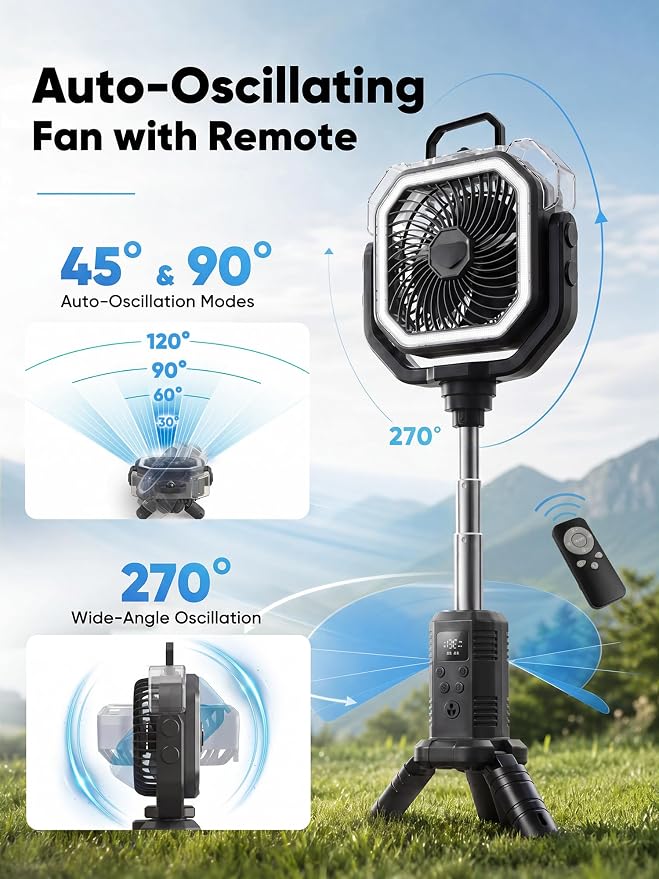 Portable Misting Fan, Rechargeable Camping Fan with 400ml Tank, 20000mAh Battery, Remote Control, LED Light, 4 Speeds, Oscillating Outdoor Fan for Tent, Patio, Beach, RV, Garage, Indoor Outdoor, Black