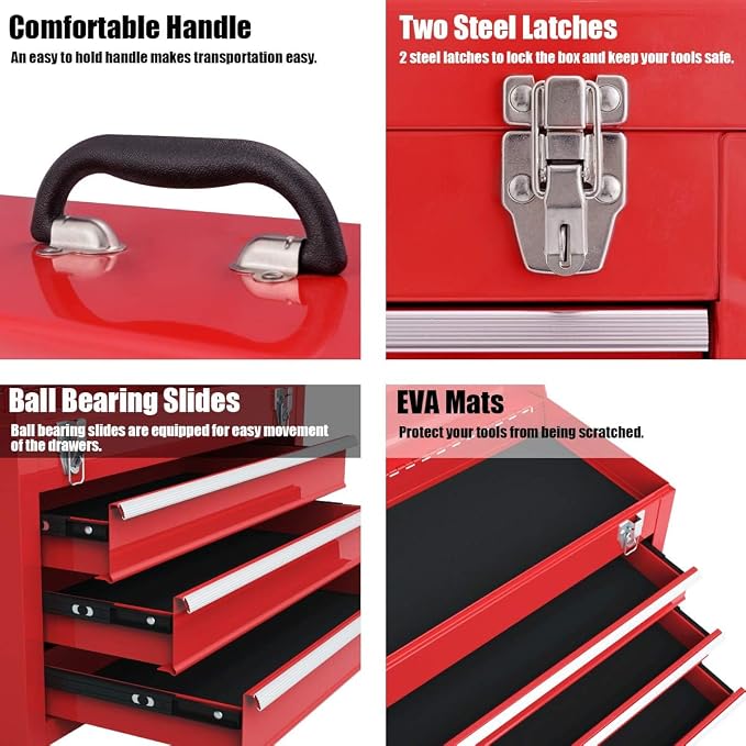 ERGOMASTER Portable Tool Box, 20.5'' Metal Tool Box with 3 Drawers, Lockable Heavy Duty Tool Chest Storage Toolbox for Garage, Workshop, Repair Shop, Red