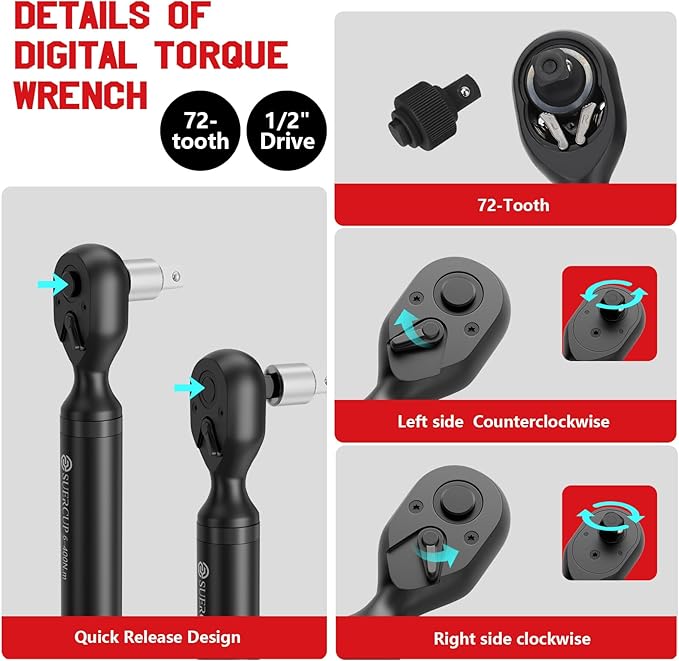 SUERCUP 1/2" Digital Torque Wrench (4.4-295 Ft.lb / 6-400Nm) for Auto/Truck | ±1% Accuracy with Vibration/Buzzer/LED Alerts, 9 Presets & 5 Units, for Engine, Suspension, Trailer & Industrial Assembly
