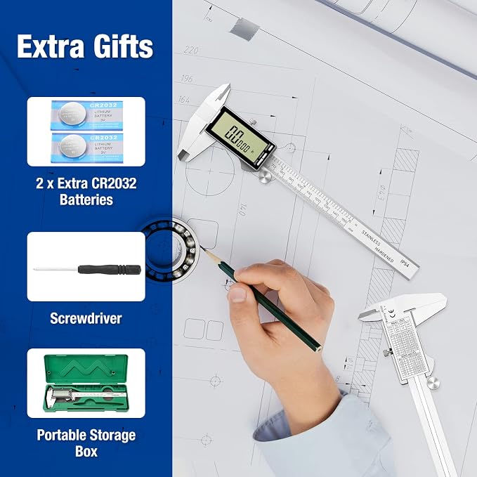 Raynesys Electronic Digital Caliper 6", Professional Precision Micrometer Calipers, ±0.001"/0.02mm Accuracy, Large LCD Display, Stainless Steel Diameter Measuring for Woodworkers/Jewelers/DIY Projects