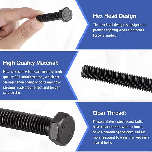 Zonon 50 Pcs 3/8-16 x 2-1/2" Hex Head Screw Bolt 18-8 (304) Stainless Steel Hexagon Bolts, Fully Threaded, Plain Finish, External Hex Drive (Black)