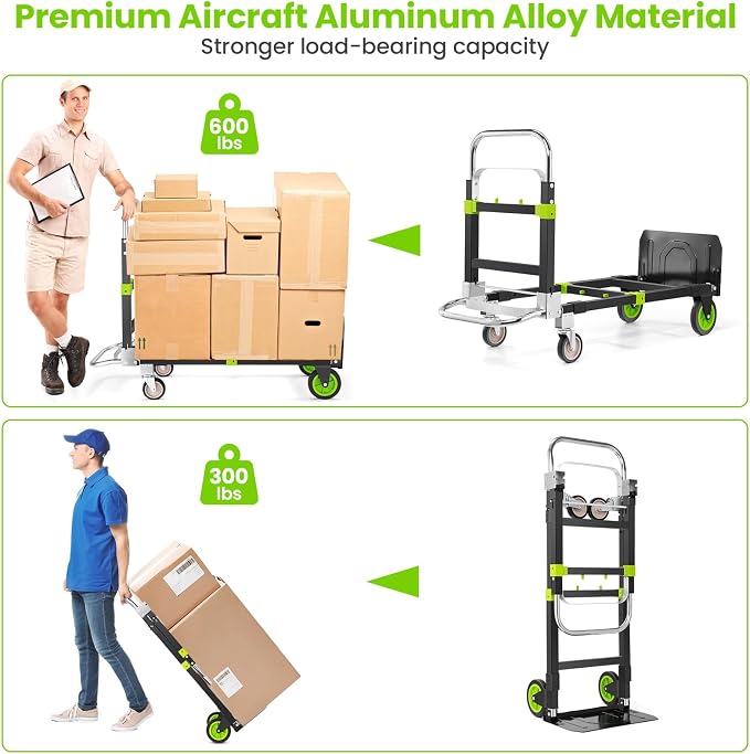3-in-1 Folding Hand Trucks, 600Lbs Convertible Hand Truck Dolly, Heavy Duty Convertible Dolly with Retractable Handle and 4 Rubber Wheels, Collapsible Cart for Moving Office/Home/Warehous(Green)