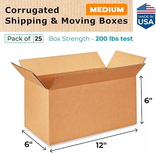 Medium Moving & Shipping Boxes 12"L x 6"W x 6"H (25-Pack) - Extra Strength 200 lb vs Regular - USA-Made Corrugated Medium Moving Boxes for USPS/UPS/FEDEX - Shipping Box - Packing Box by IDL Packaging