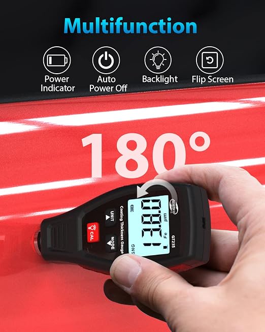 GT235 Paint Coating Thickness Meter, Digita Film Coating Thickness Gauge Measuring 0 to 1800um, Tester Painting Depth, LCD Backligh Display with Screen Rotation for Check Car Original Coating