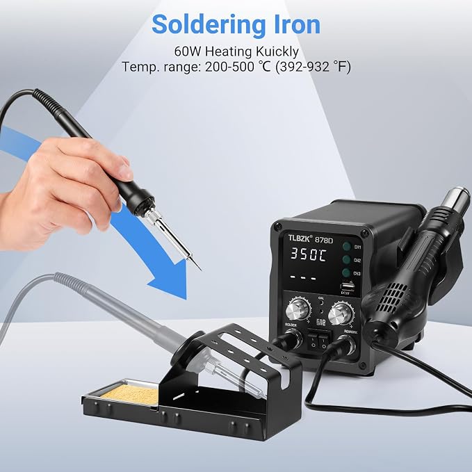 878D 2-in-1 Hot Air Soldering Iron Station Kit for Rework, Desoldering Pump, 5 Soldering Tips, 3 Hot Air Nozzles,Tweezers, IC extractor