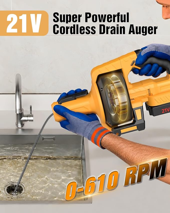Ublue 21V Cordless Electric Drain Auger, 25Ft Auto Feed Drain Snake for Clog Remover with 2.0Ah Battery, Plumbing Snake for Sink Toilet Bathroom Shower Pipes 3/4"-2.95", Included Bag Gloves Rag