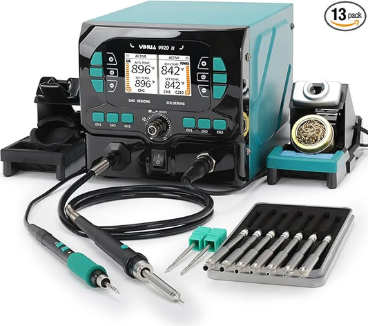 YIHUA 992D-II 2-IN-1 Precision Soldering Kit with Hot Air Pencil and C210 Soldering Iron, Precision Soldering Station with Dynamic LCD Display, Low-Wear Mode, 3 Preset Channels, 8 Hot Air Nozzles