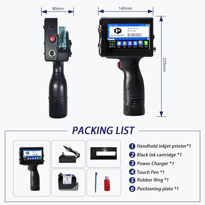 Handheld Inkjet Printer 1 in, E15-1 Portable Handheld Printers with ER521 Black Ink Cartridge, Handheld Inkjet Printer Gun for Text QR Barcode Batch Number Logo Date Label Printer
