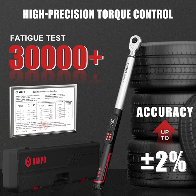VANPO Digital Torque Wrench 1/2-Inch Drive, 14.7-295.0 ft-lb/20-400 Nm | ±2% Accuracy, Electronic Torque Wrench with LCD Display, Audible & Vibration Alert, for Automotive & Light Industrial Work