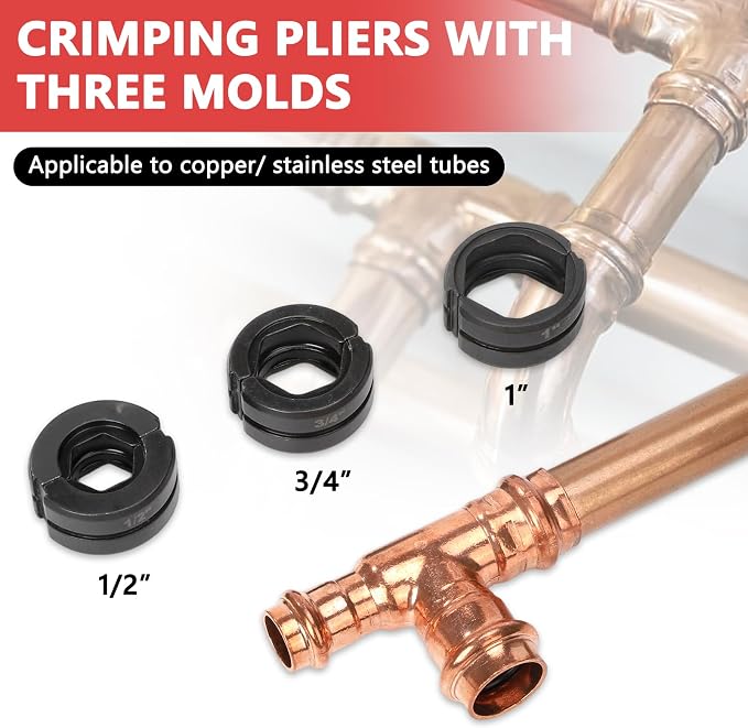 Hydraulic Copper Tube Crimping Tool with 3 Interchangeable Dies (1/2", 3/4", 1") Applicable to Stainless Steel and Copper Pipes, Ideal for Plumbing, HVAC, Refrigeration & Industrial Piping Projects