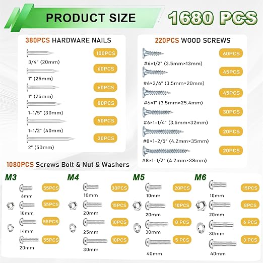 1680pcs Nails and Screws Assortment Kit,3/4"-2" Hardware Nails,M3/M4/M5/M6 Machine Screws,#6#8 High Hardness Wood Screws,Assorted Screws, Common Nails with Handheld Box