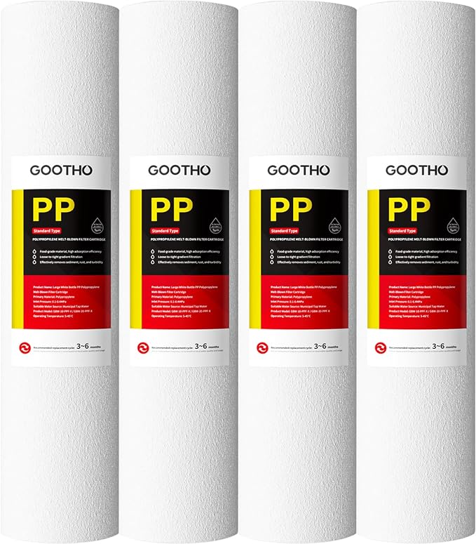 20" x 4.5" 5 Micron Whole House Polypropylene PP Sediment Filter Sediment Filter Cartridge Replacement,Dual-Gradient Density Spun Polypropylene,(Pack of 4), White
