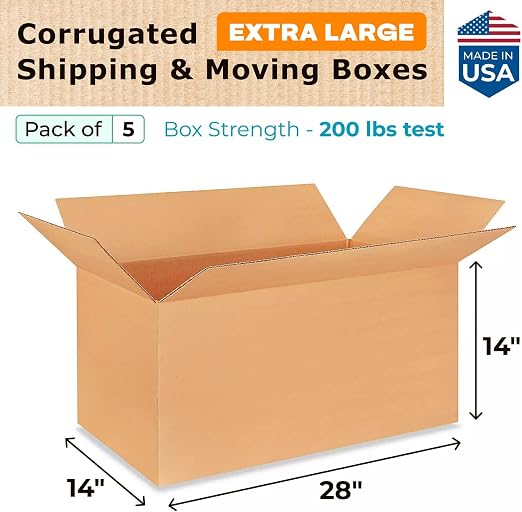 Extra Large Shipping & Moving Boxes 28 x 14 x 14 inches (5-Pack) - Extra Strength 200 lb vs Regular - USA-Made Corrugated Strong Cardboard Boxes - Durable Packing - Cardboard Box by IDL Packaging