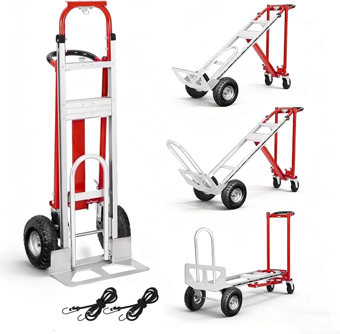 Aluminum 4 in 1 Convertible Hand Truck Dolly, 1000Lbs Capacity, Heavy Duty Folding Hand Truck Dolly Cart with Wheels 10" All-Terrain Tires, Hand Trucks for Logistics, Home, Office, School, Red