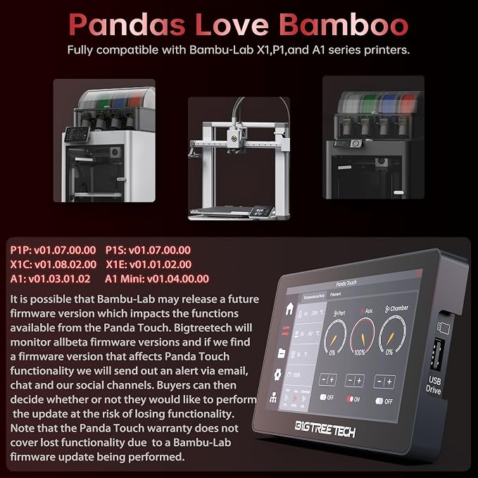 BIGTREETECH Panda Touch Compatible with Bambu-Lab P1P P1S X1C X1E A1 Mini 3D Printers Upgrade Touch Screen Kit Support Multi-Printers Management 2.4G WiFi Wireless Connection