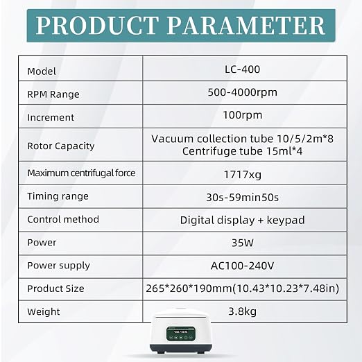 PRP Centrifuge Machine 8x2ml/5ml/10ml | 4x15ml Digital Speed 500-4000rpm 1717xg RCF Lab Benchtop Centrifuges Timer 30sec-99min