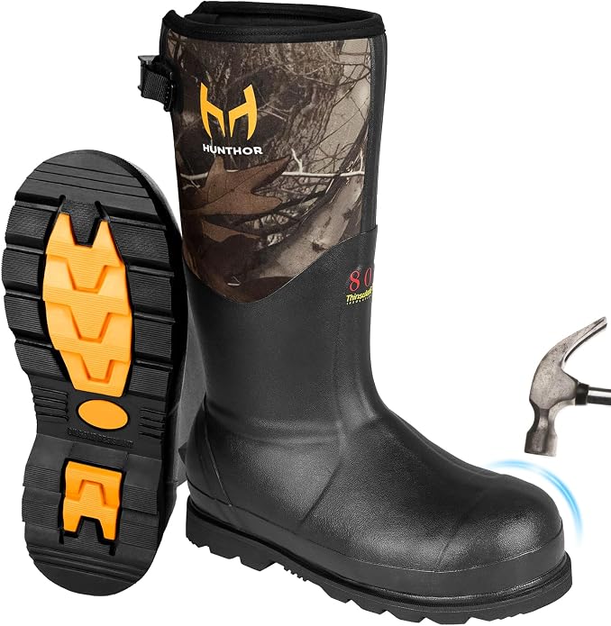 Rubber Work Boots with 800g Insulation, Puncture-Proof Steel Toe & Shank, Waterproof and Insulated 6mm Neoprene Hunting Boots for Farming, Construction, Fishing, and Manufacturing (Size 6-14)