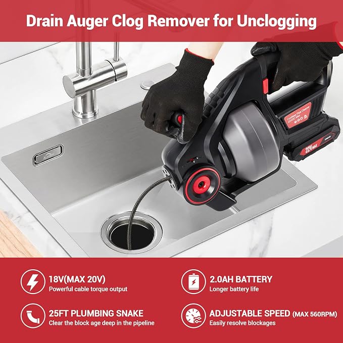 GarveeTech Electric Drain Auger, 25 ft Plumbing Snakes, Snake Drain Clog Remover for Unclogging Toilet, Sewer, Bathroom, Sink Drain Pipes