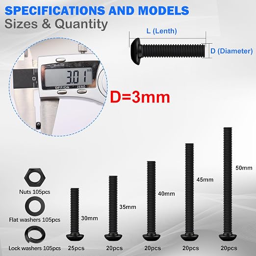 mxuteuk 420PCS M3 Screws,M3x30/35/40/45/50mm Button Head Socket Cap Screws Bolts Nuts Kit,10.9 Grade Alloy Steel M3 Bolts with Hex Wrench
