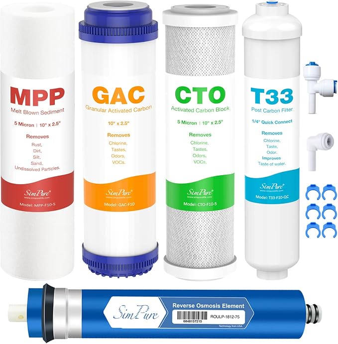 SimPure 5-Stage Reverse Osmosis Replacement Filter Set with 75 GPD RO Membrane, 5pc Pre & Post Replacement Cartridge Pack Kit for Standard 10-icnh 5-Stage Reverse Osmosis RO Systems