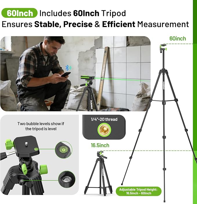 Huepar 395FT Bluetooth Green Laser Measuring Tool with 60" Tripod, 1/16in Accuracy Laser Distance Measurement Tool, Digital Laser Room Measuring Device, Laser Distance Meters