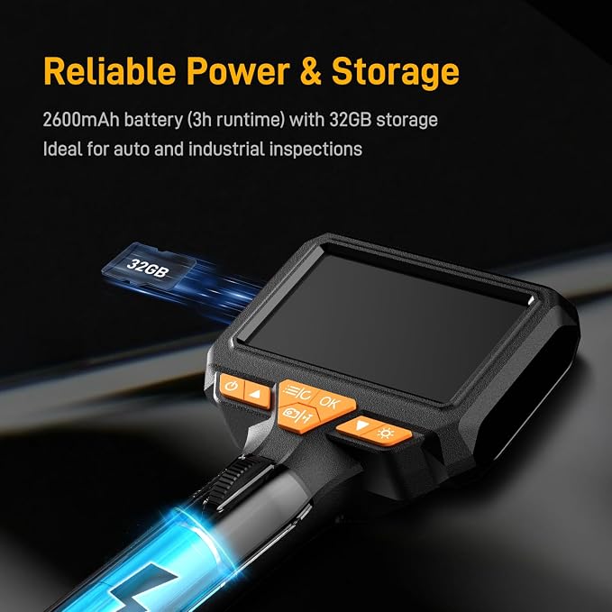 Articulating Borescope with 180° Two-Way Steering-1080P HD 4.3" Screen Automotive Endoscope, 85°C High-Temp Alarm, 6mm Slim Probe, 2600mAh Battery, Includes 32GB Card & Case