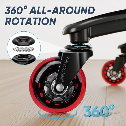 TICONN Office Chair Caster Wheels Set of 5 for Tile, Hardwood Floors and Carpets, Universal Fit for Most Chairs (Red)